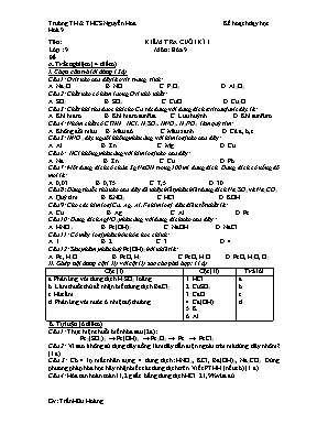 Đề kiểm tra cuối kì 1 môn Hóa 9 - Trần Hữu Hoàng